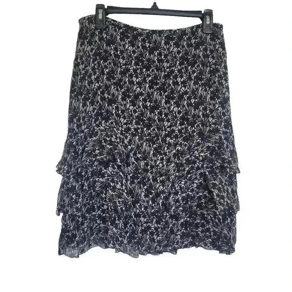 Ann Taylor Women's Black & White Silk Chiffon Floral Layered Ruffle Lined A-Line - Picture 2 of 9